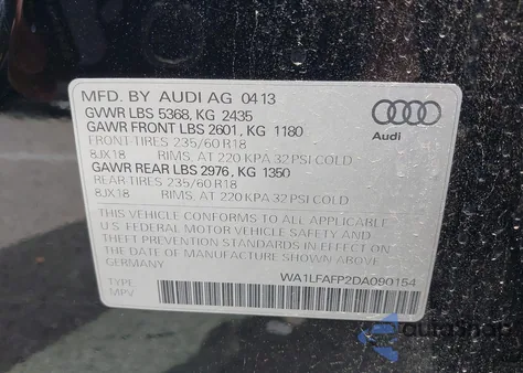 2013 Audi Q5 2.0T Premium from USA, damaged, VIN WA1LFAFP2DA090154